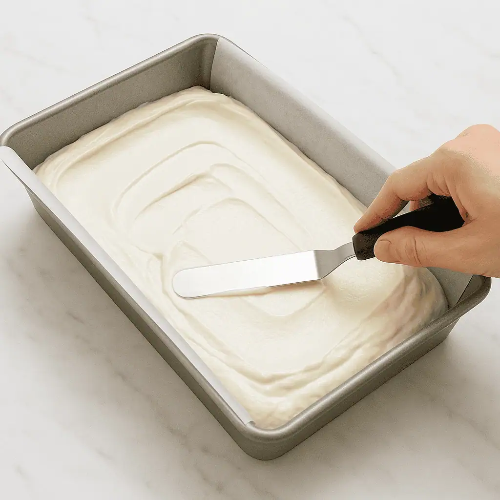 3. Assemble: Spread half the vanilla ice cream into the pan. Freeze for 15 minutes. Then layer with strawberry ice cream. Freeze again for 15 minutes. Top with remaining vanilla ice cream. Smooth and freeze until solid (about 2 hours).
