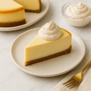 Whip & serve. Beat cream, sugar, and cinnamon to soft peaks. Slice cheesecake and serve with dollops of spiced whipped cream.