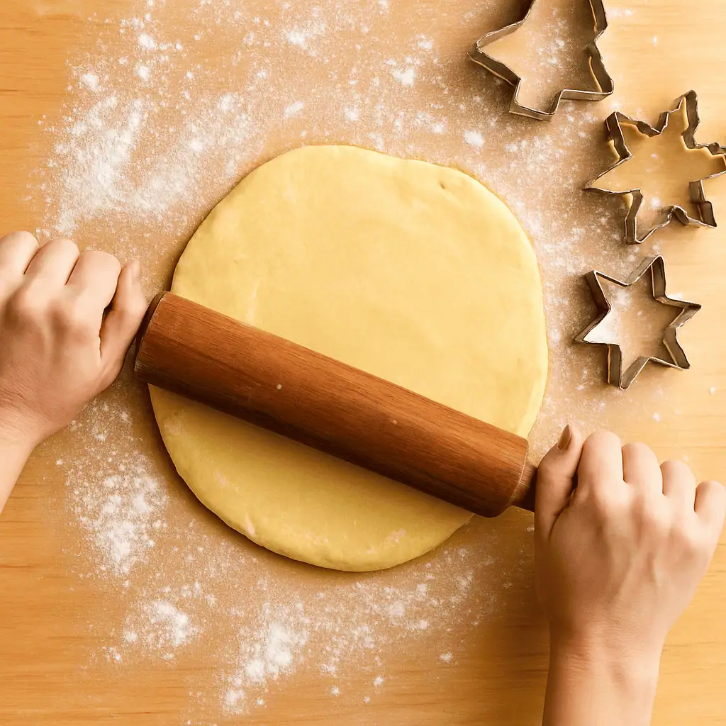 6️⃣ Roll out chilled dough on a lightly floured surface to about 1/4 inch thickness. Cut into shapes and place on baking sheets.
