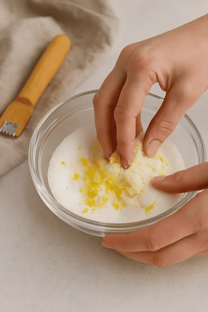2️⃣ In another bowl, use your fingers to rub the lemon zest into the sugar (this wakes up the oils — smells divine!). Add eggs and vanilla and beat on medium-high until thick and pale, about 3 minutes.